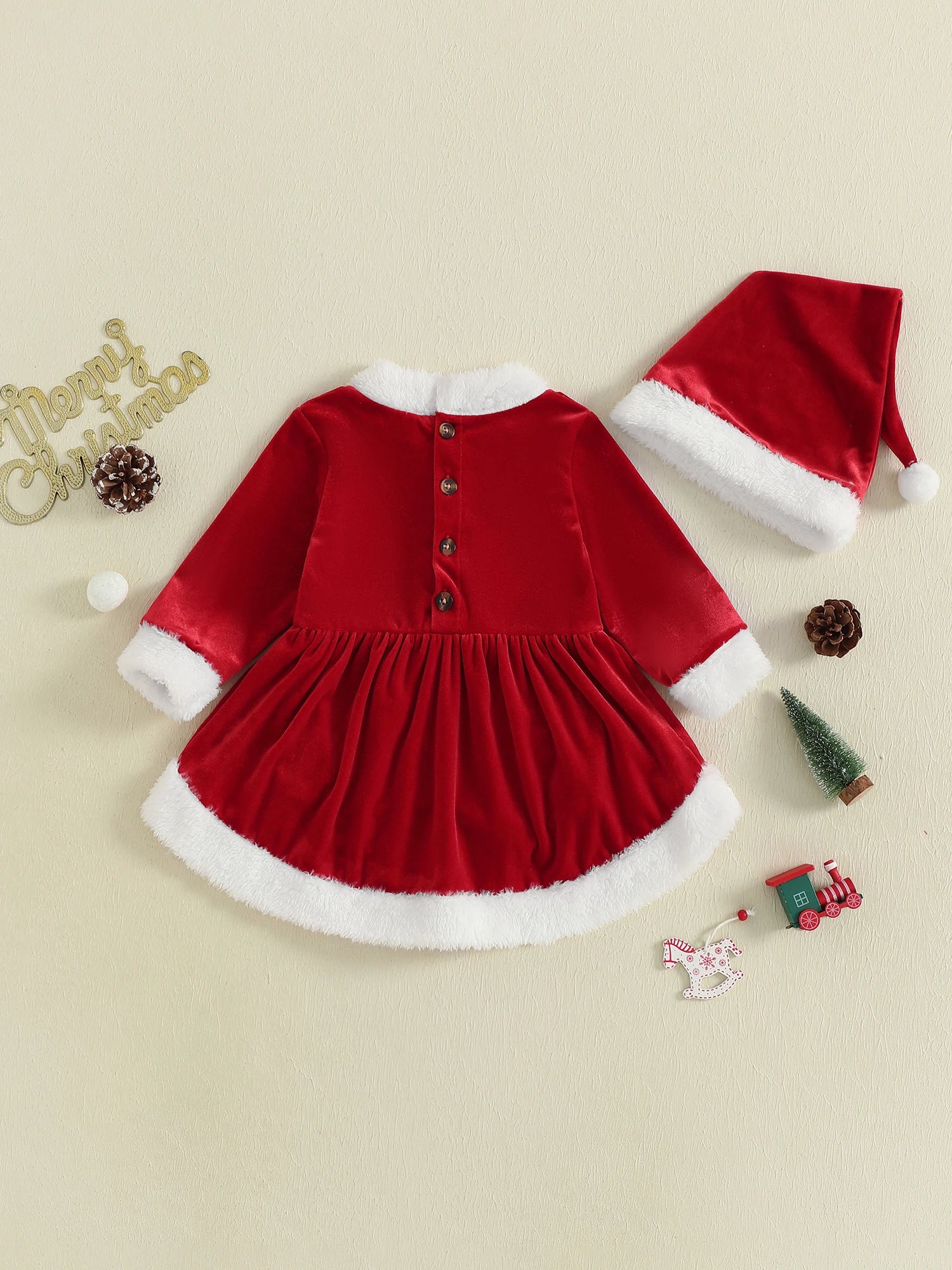 Baby Girl Christmas Outfit Plush Long Sleeve Romper Dress Hat Santa Costume 2 Piece Set