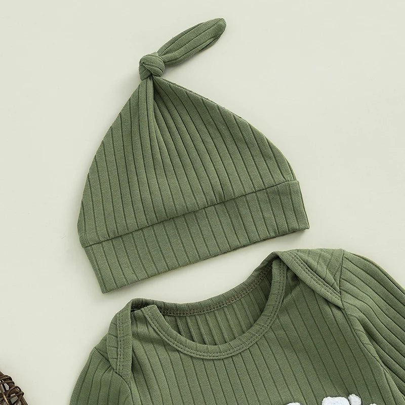 Pudcoco Infant Newborn Baby Boy Bodysuits Letter Embroidered Ribbed Long Sleeve Round Neck Fall Jumpsuits Hat Outfits 0-18M