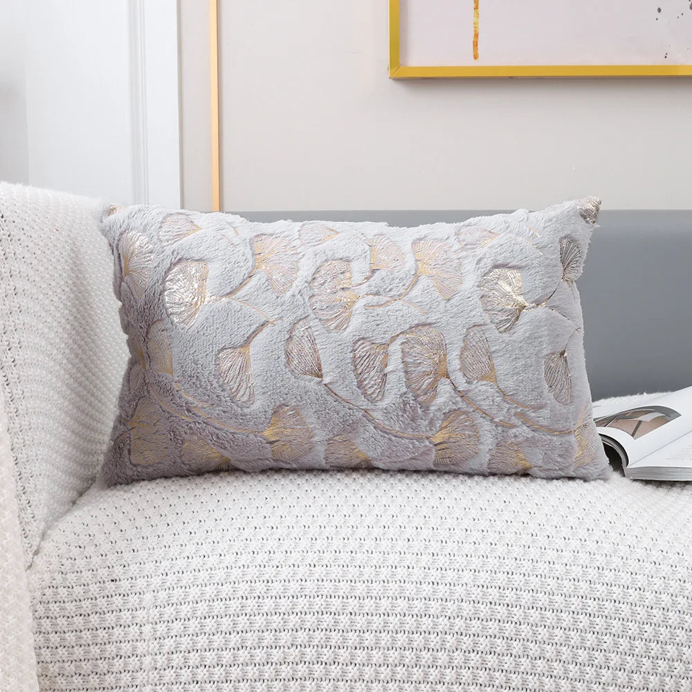 Golden Printed Ginkgo Leaf Pillow Cover 45*45cm 30*50cm Decorative Pillowcase for Living Room Luxury Plush Fur Cushion Covers