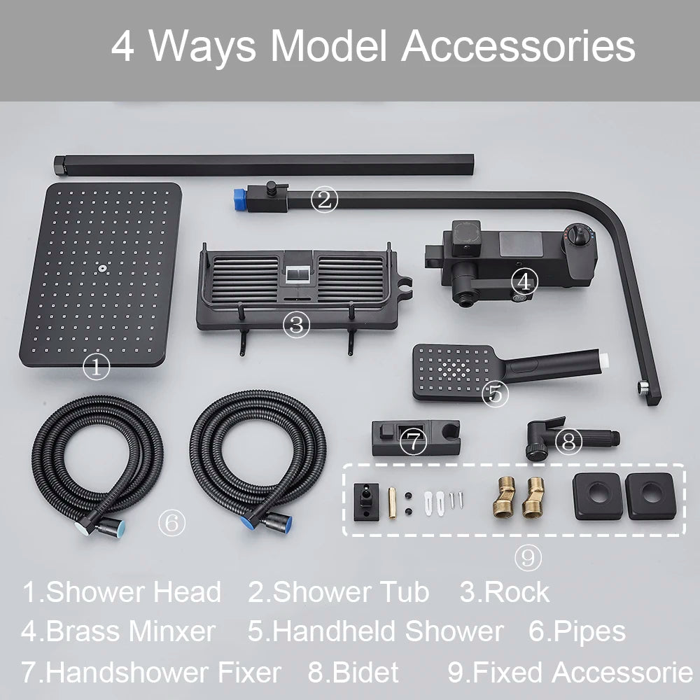 4 Ways Digital Display Shower Faucet Bathroom Thermostatic/Hot Cold Rainfall Shower Head Brass Rotate Mixers Bidet Faucet