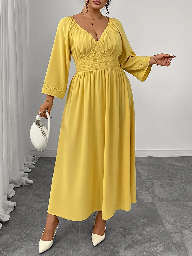 GIBSIE Plus Size Deep V-neck Sexy Long Dress Women Autumn 2025 New Solid Party Elegant High Waist Elastic A-Line Dresses