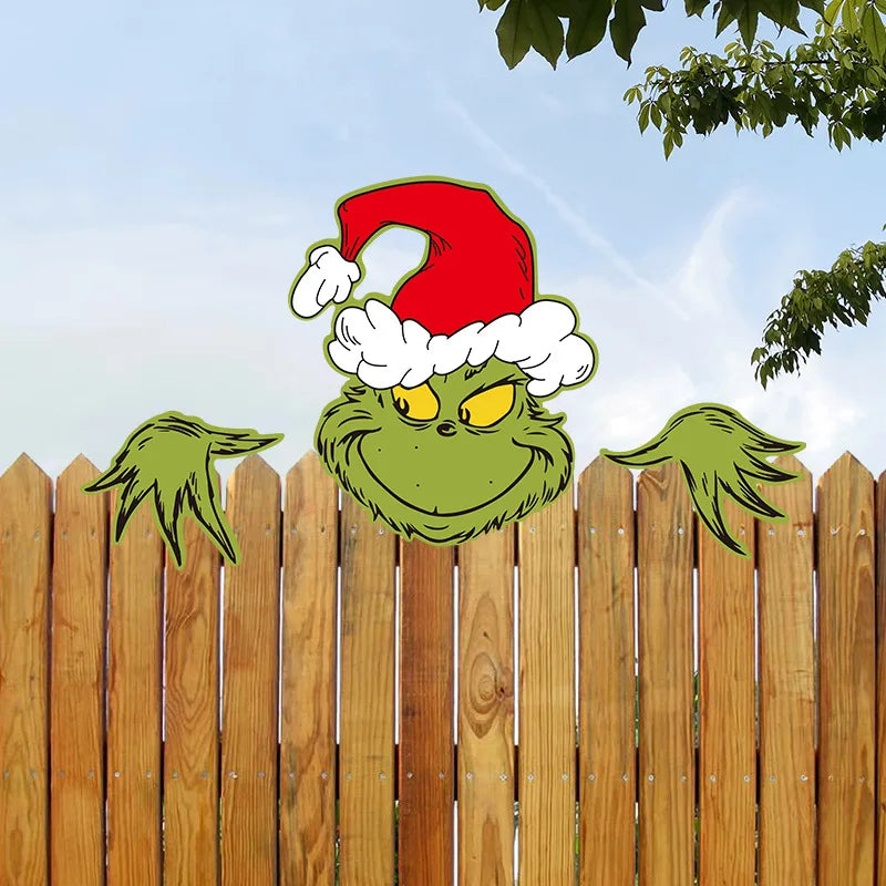 Christmas Fence Wooden Signboard Santa Claus Reindeer Snowman Grinch Decoration Courtyard Garden Handmade