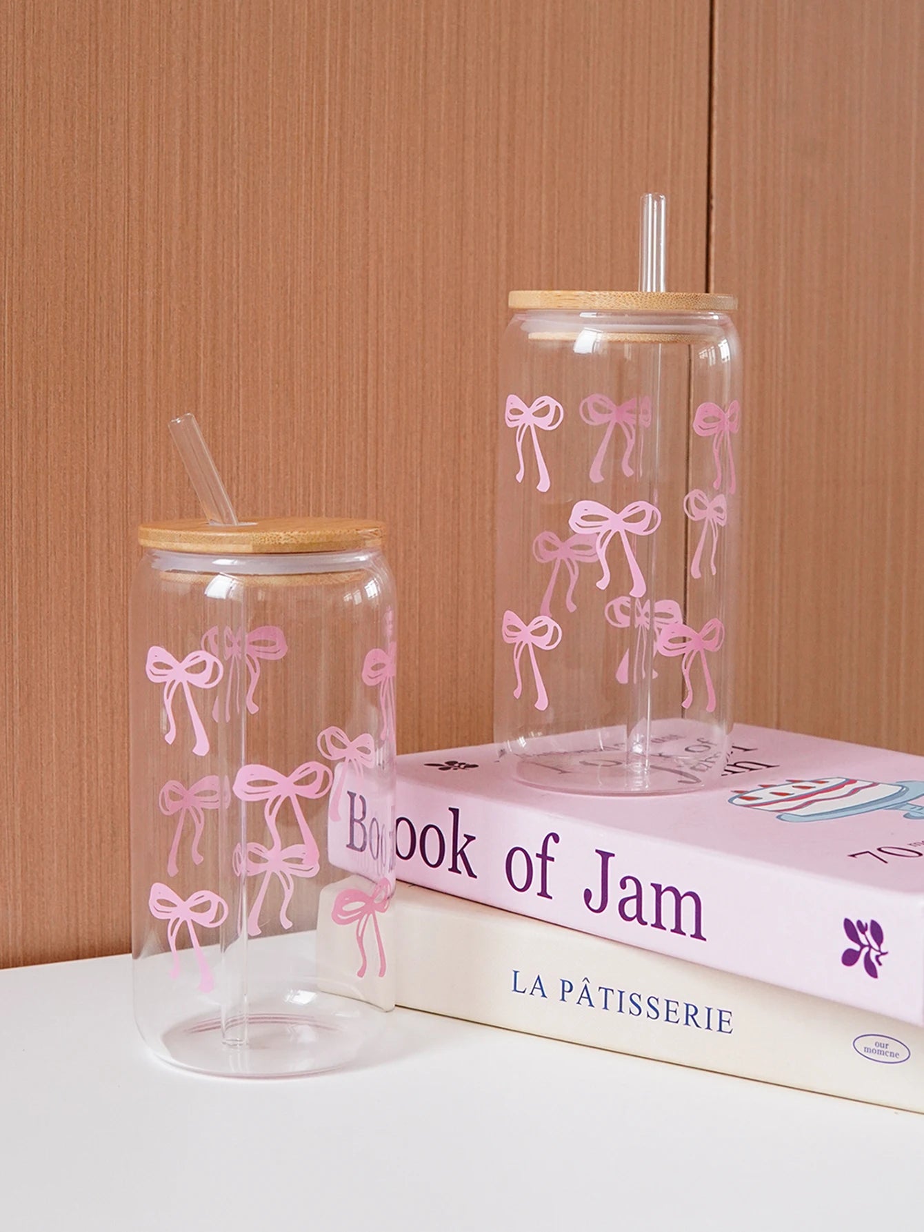 1/2/4/6Pcs Glass Bow Printed Glass Cup with Lid and Straw, Exquisite High-End Bow Glass Cup for Home Decoration, Family Daily Drinking Cup, Outdoor Picnic Cup, Party Cup, Breakfast Milk Cup, Gift Giving