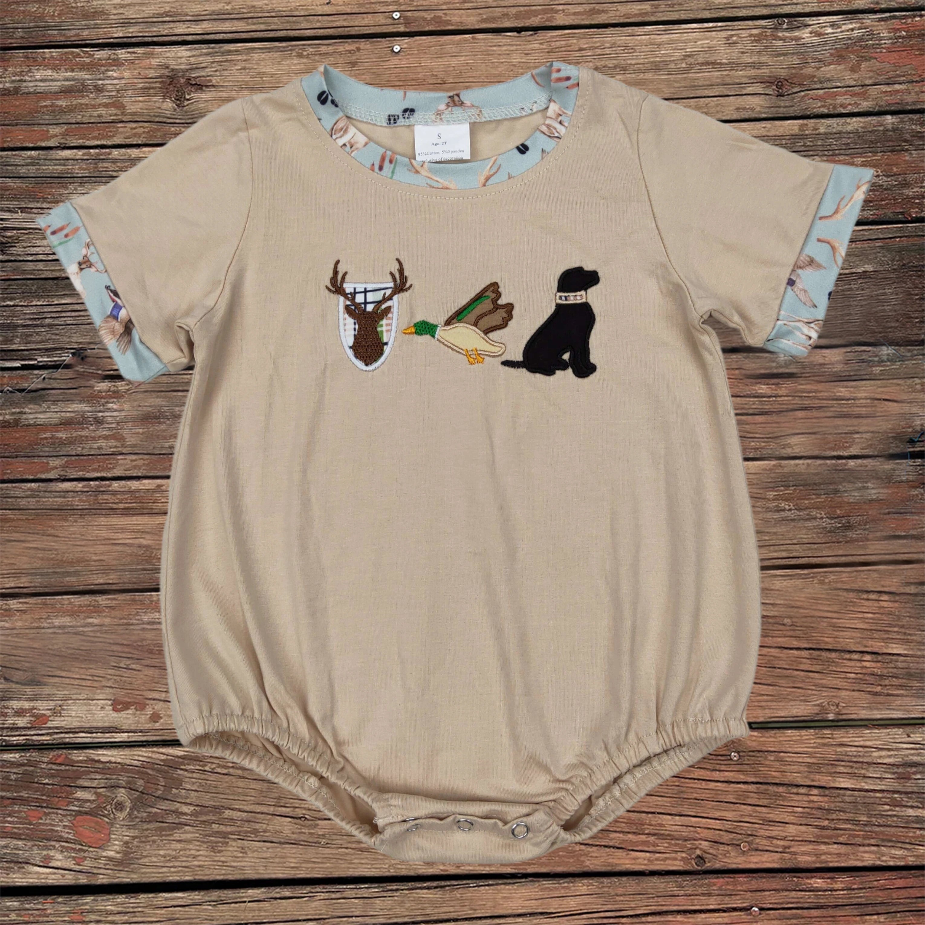 Wholesale Kids Children Short Sleeves Onesie Newborn Toddler Cotton Embroidery Baby Infant Boys Hunting Deer Duck Dog Rompers