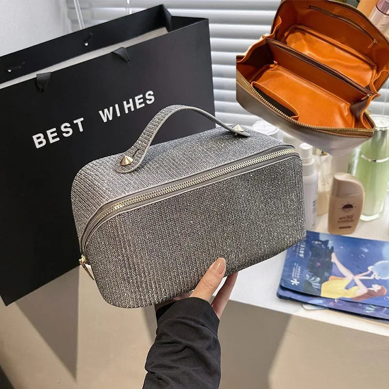 Sac à cosmétiques, grande capacité, design à paillettes fines, sac de toilette léger et pratique