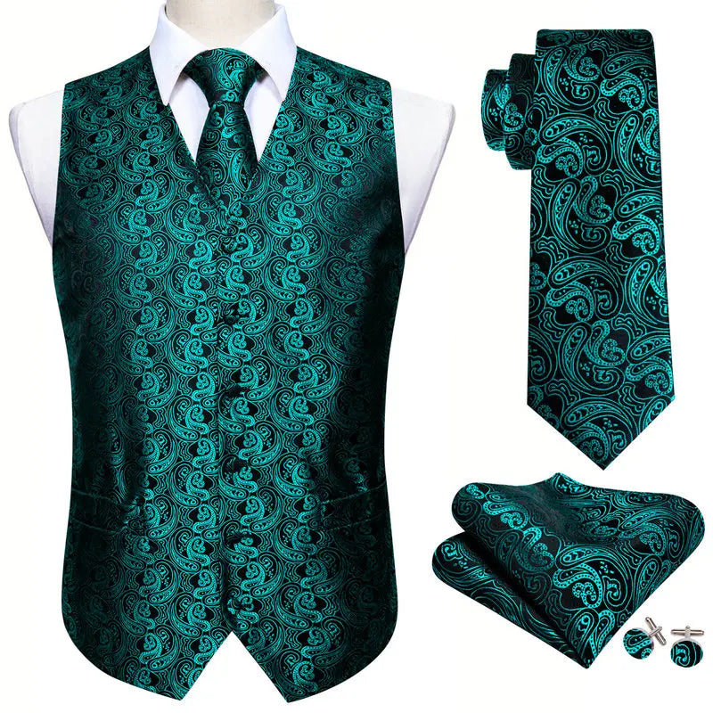 Elegant Vest for Men Silk Green Paisley Plaid Flower Slim Fit Male Suit Embroidered Waistcoat Dress Formal Jacket Barry Wang