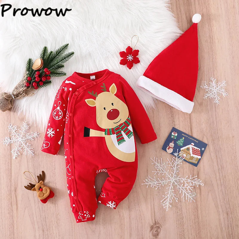 Prowow Baby Christmas Clothes 2025 Cartoon Pattern Green Romper Xmas Jumpsuit For Kids Newborn New Year Baby Costume Boy Girls