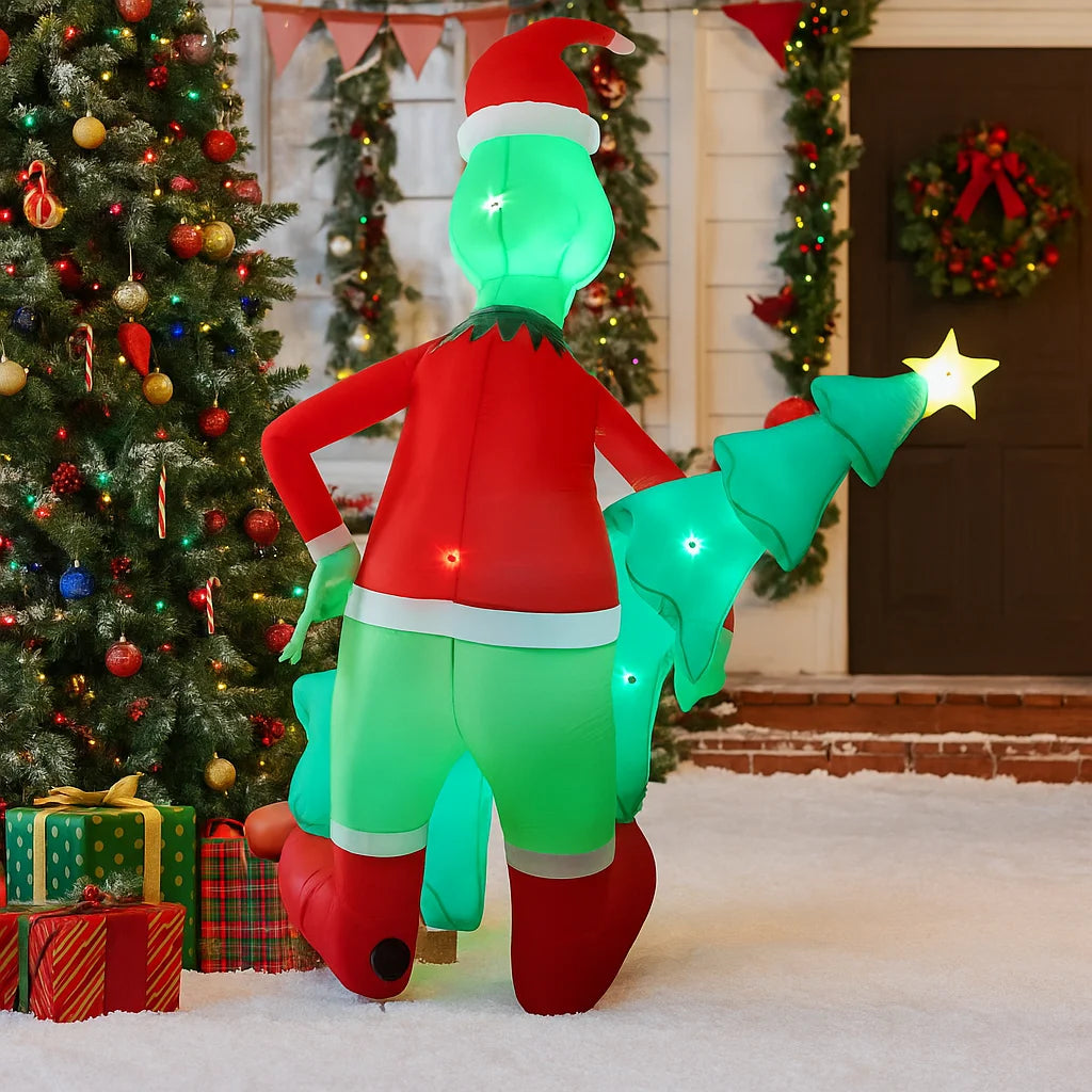 2.1M/6.8FT Christmas Decorations Inflatable Toy Grinch Holding Christmas Trees Home Yard LED Light Decor Christmas Party Toy