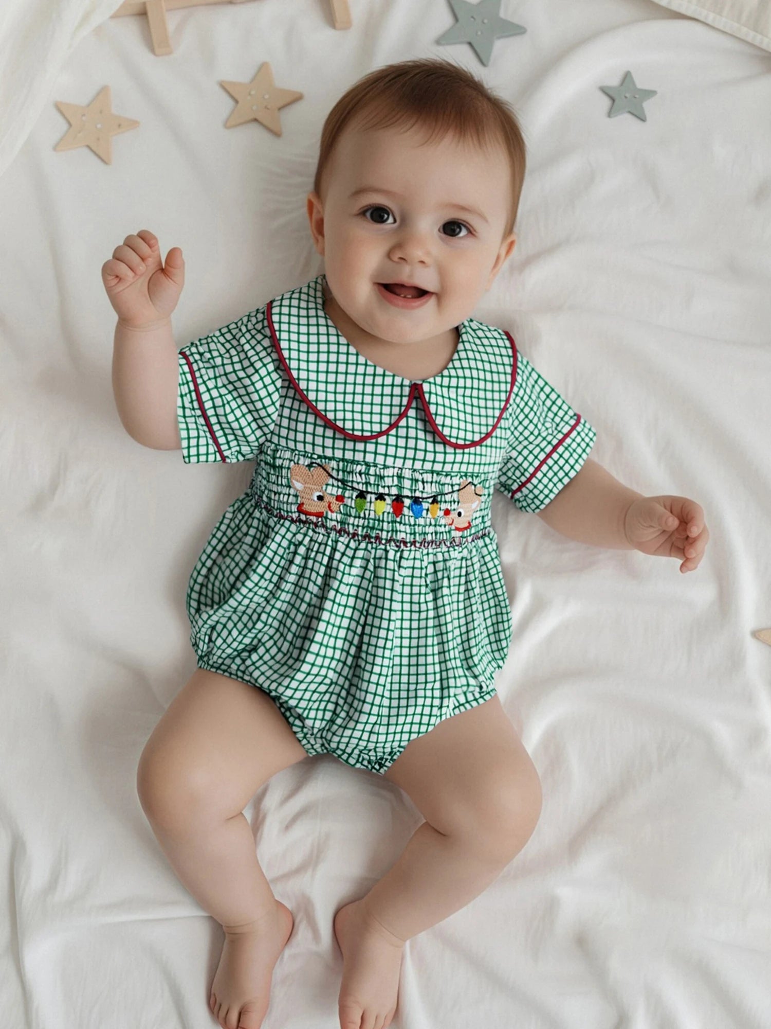 0-18M Infant Baby Girls Boys Christmas Romper Plaid Print Lamp String Embroidery Short Sleeve Doll Collar Bodysuit/Tank Jumpsuit