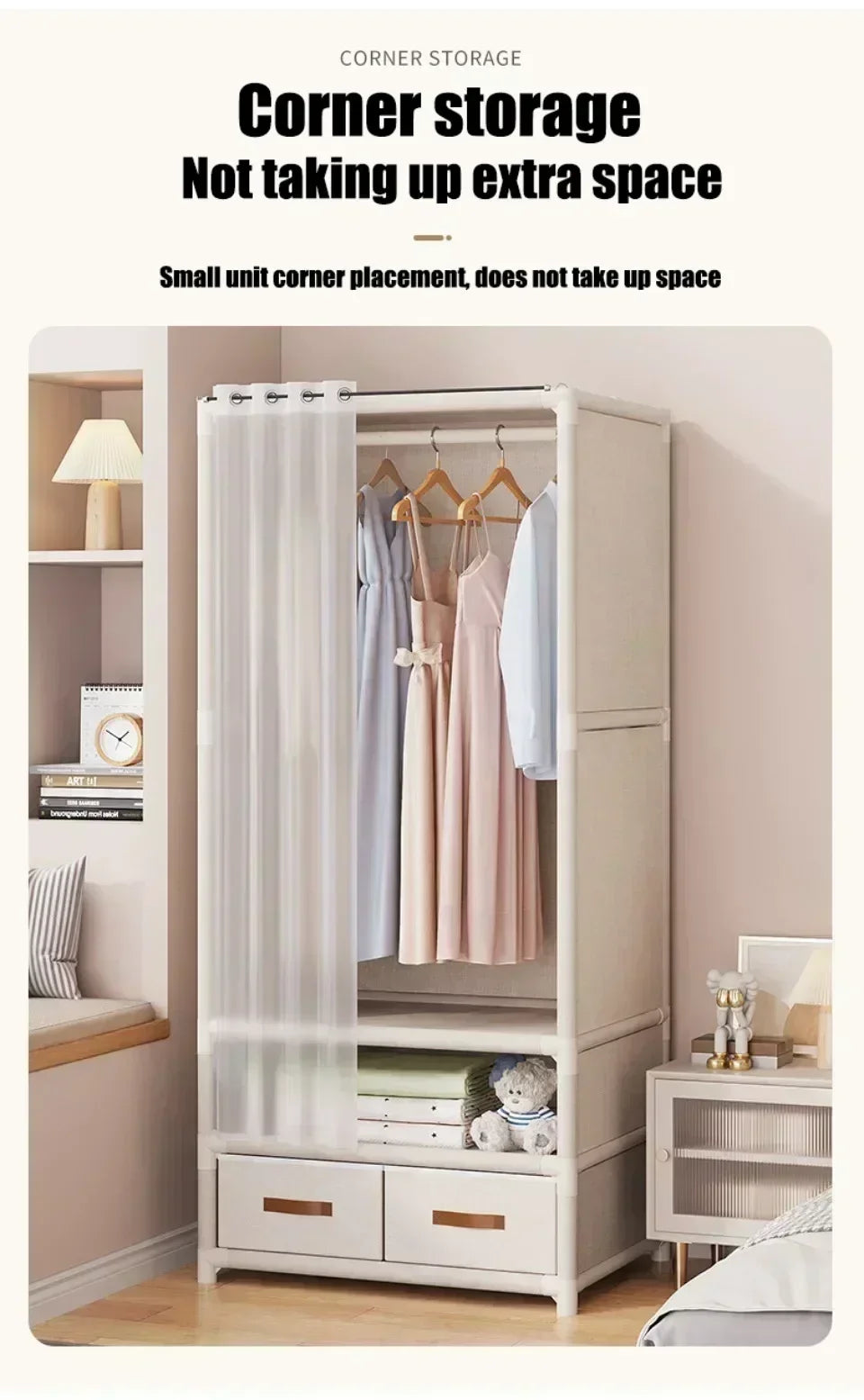 Armoire pour usage domestique, chambre à coucher, armoire en tissu simple et de grande capacité, robuste et durable, rangement anti-poussière, support organisateur de garde-robe