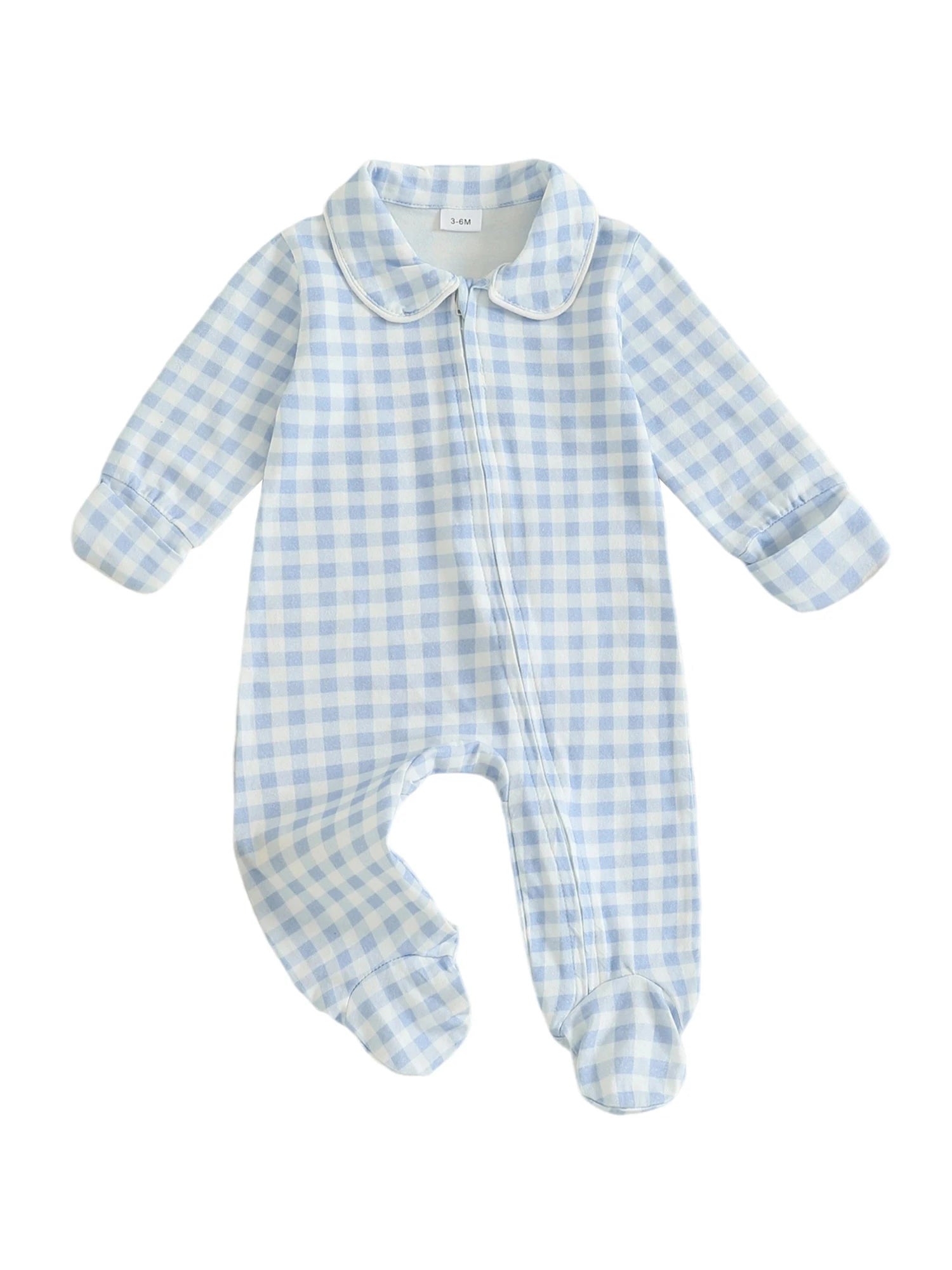 Pudcoco Infant Newborn Baby Fall Romper Plaid Print Doll Collar Long Sleeve Zip Up Footed Jumpsuit 0-6M