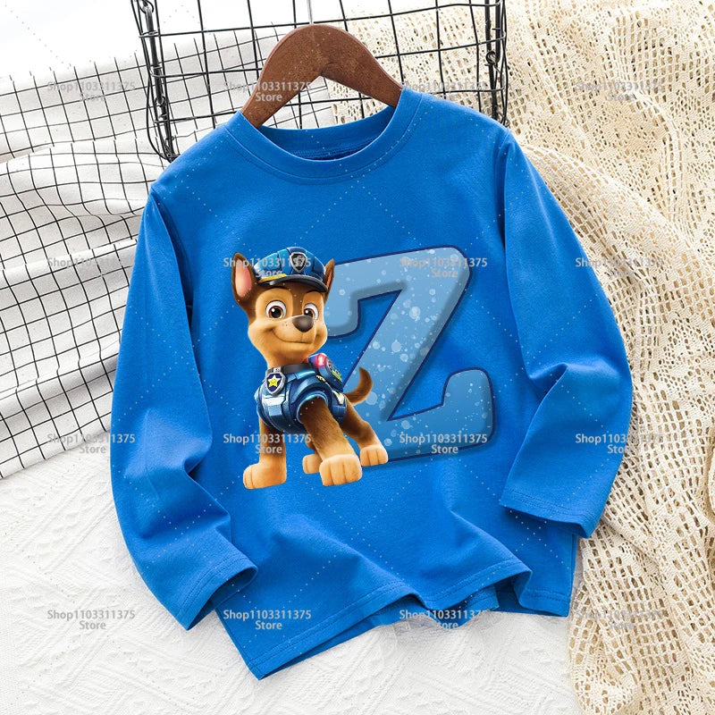 Cute PAW Patrol T-shirt Letter A-Z Print Top Long Sleeve Fashion Summer Boys Clothes Cartoon Kids Birthday Gift Outdoor Wear Tee