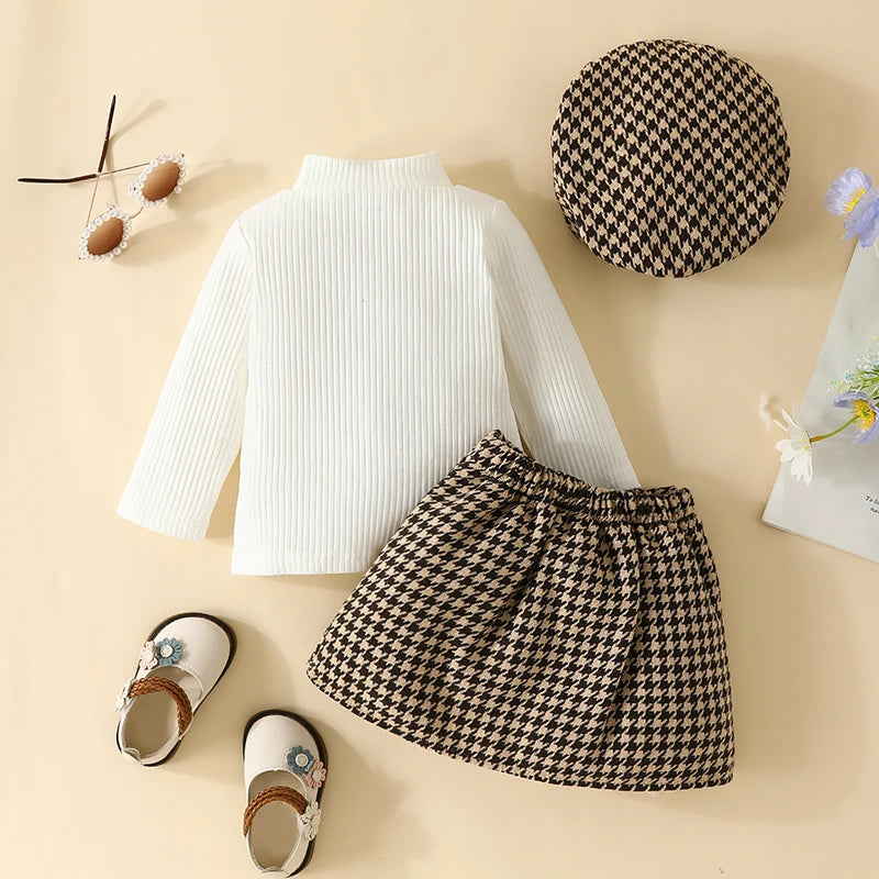 Toddler Baby Girls Skirt Set Toddler Ribbed High Neck Tops and Houndstooth Mini Skirt Hat Outfits Infant Autumn Suits