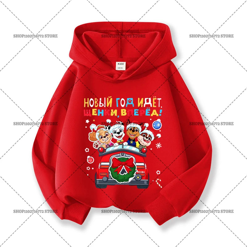 Paw Patrols Christmas Baby Hoodies Cute Anime Print Long Sleeved Child Red Top Pullover Casual Sweatshirt Kids Clothes Xmas Gift