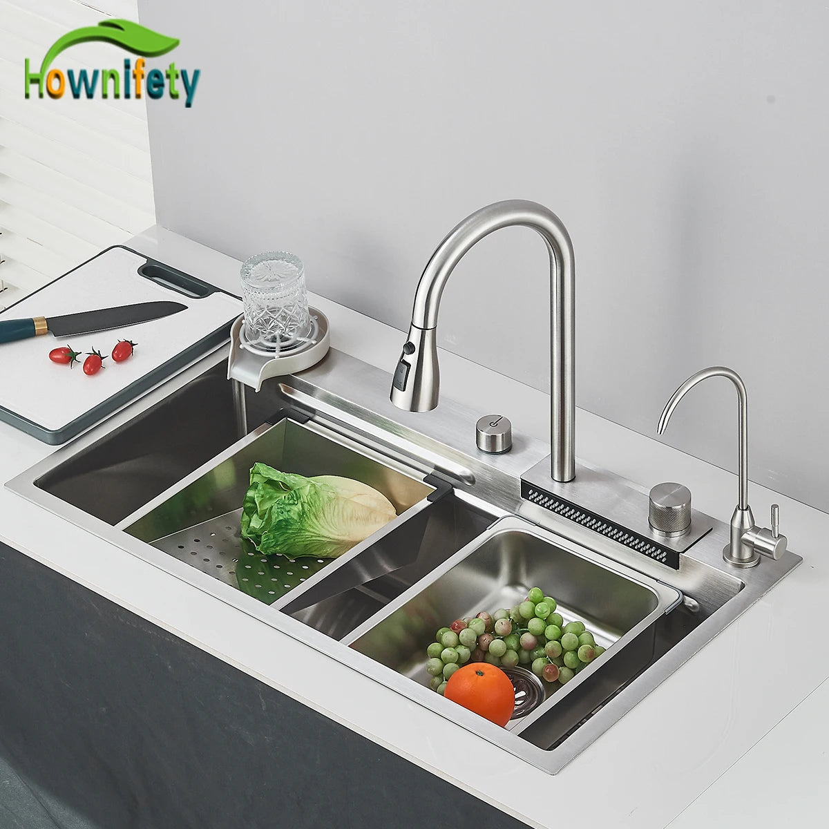 304 Stainless Steel Waterfall Kitchen Sink Large Single Slot Integrated 80X45cm Faucet Set Soap Dispenser Pure Water Tap