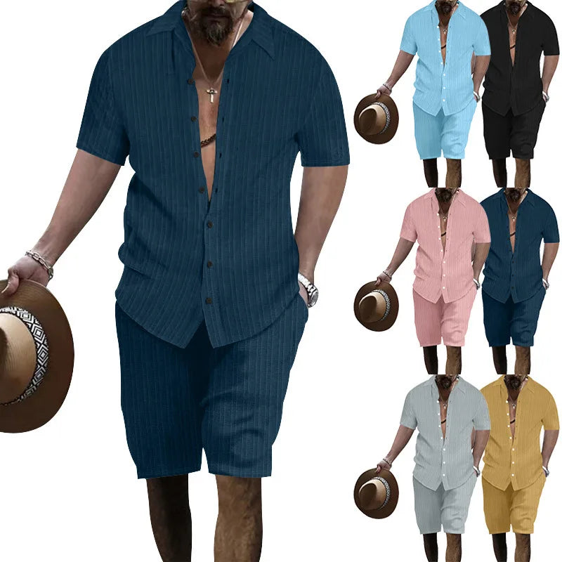 Summer European and American Style Men's Clothing Short Sleeve Cardigan Suit Men's Casual Loose Short Sleeves Shorts Beach Suit