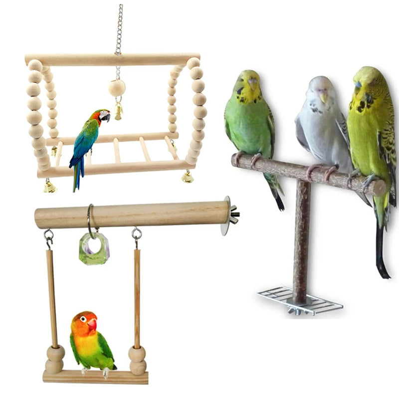 Bird Swing Toy Wooden Parrot Perch Stand Playstand with Chewing Beads Cage Sleep Stand Play Toys for Budgie Birds
