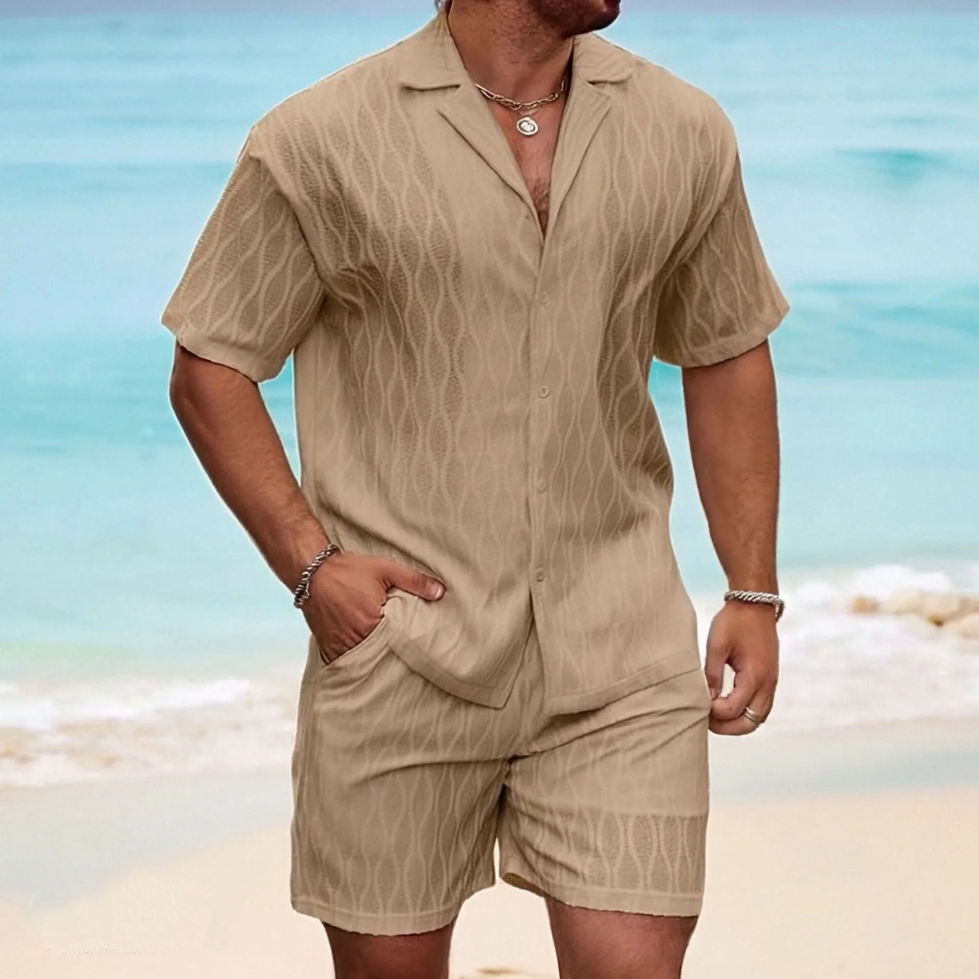 2025 New Summer Men's Casual Daily Outdoor Travel Solid Jacquard Lapel Short-sleeved Shirt Drawstring Shorts Two-piece Set