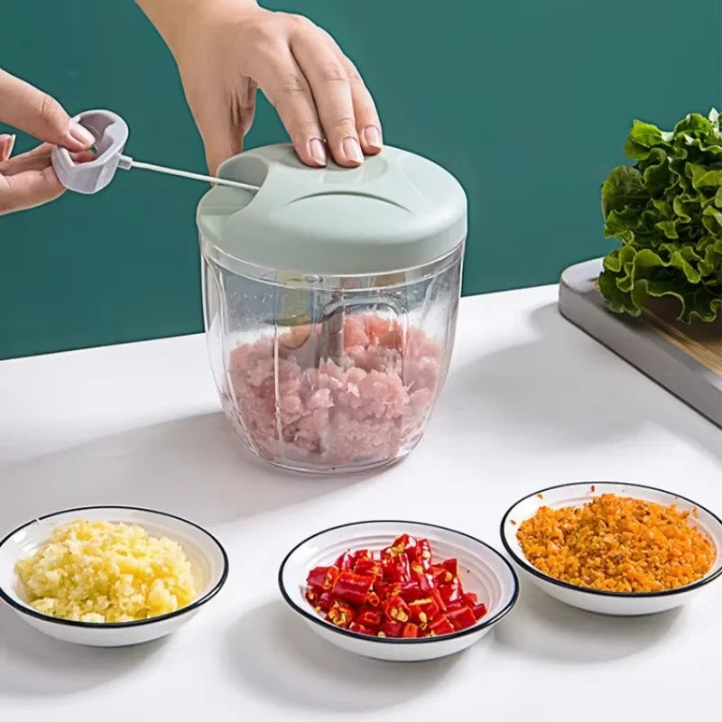 Manual Garlic Press and Vegetable Cutter - Multi-purpose Garlic Mincer, Nut Crusher, Hand Food Slicer, and Pull String Veggie Di