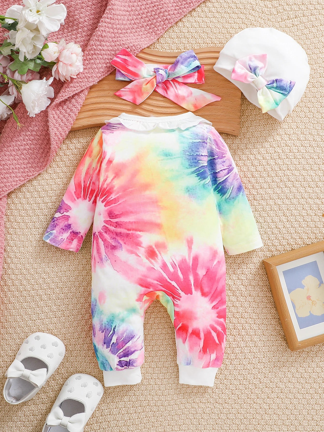 Newborn Girl Tie - Dye Romper Outfit: "Daddy's Little Girl" Print with Headwrap & Hat