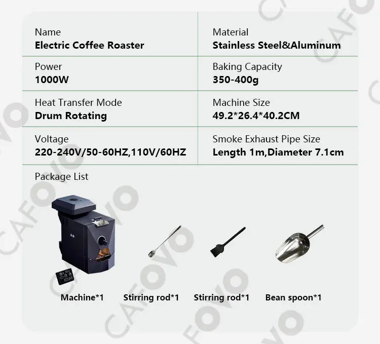 CAFOVO RE-1 Electric Coffee Bean Roaster Commercial Roaster Automatic Roasting Machine with 3 Baking Curve Grain Dryer 110-220V