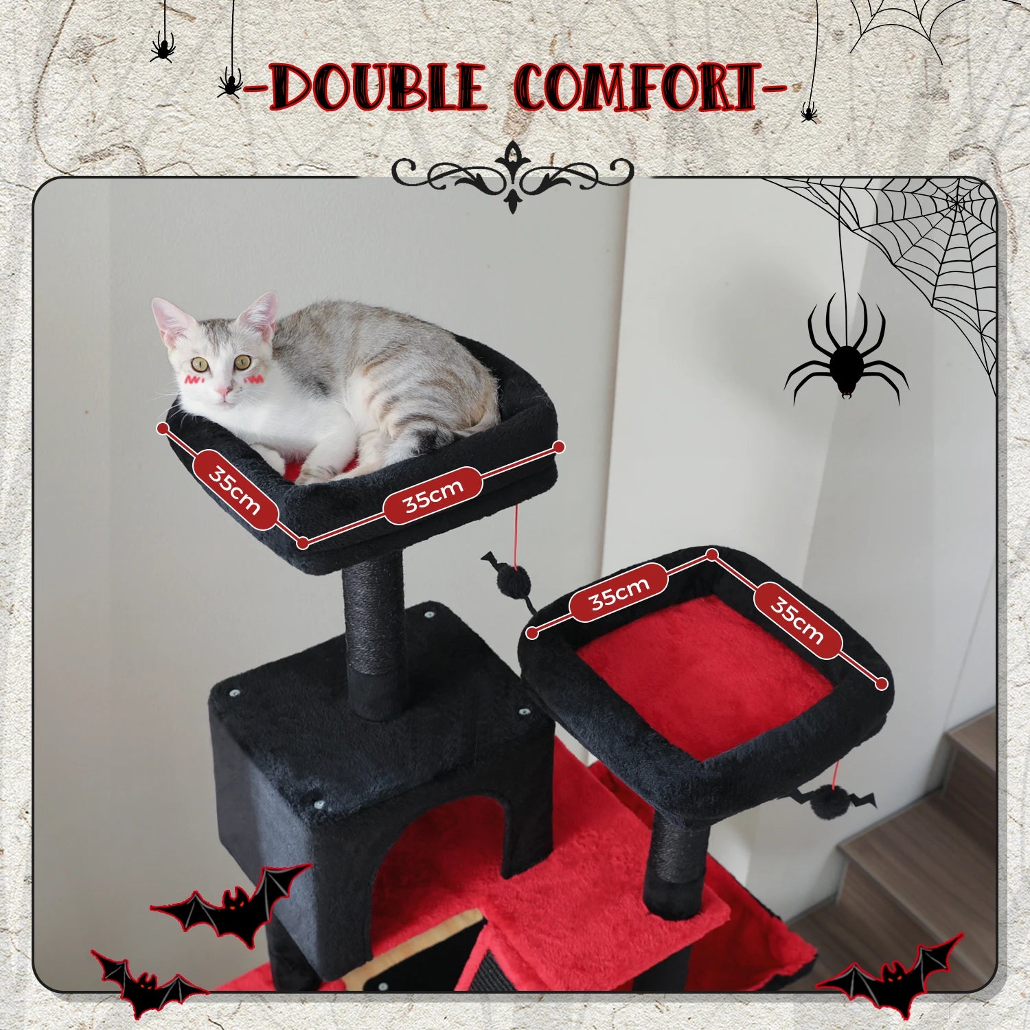 Stable&Safe Multi-Level Cat Tree Tower with Cozy Condo,Scratching Posts&Boards,Perches,Hammock,Pompoms for Active Cats,Cat Toys