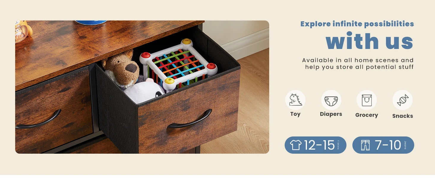 JHK salon vitrine couches avec 5 tiroirs en tissu armoire cadre en acier assemblage placard pour vêtements rangement commode