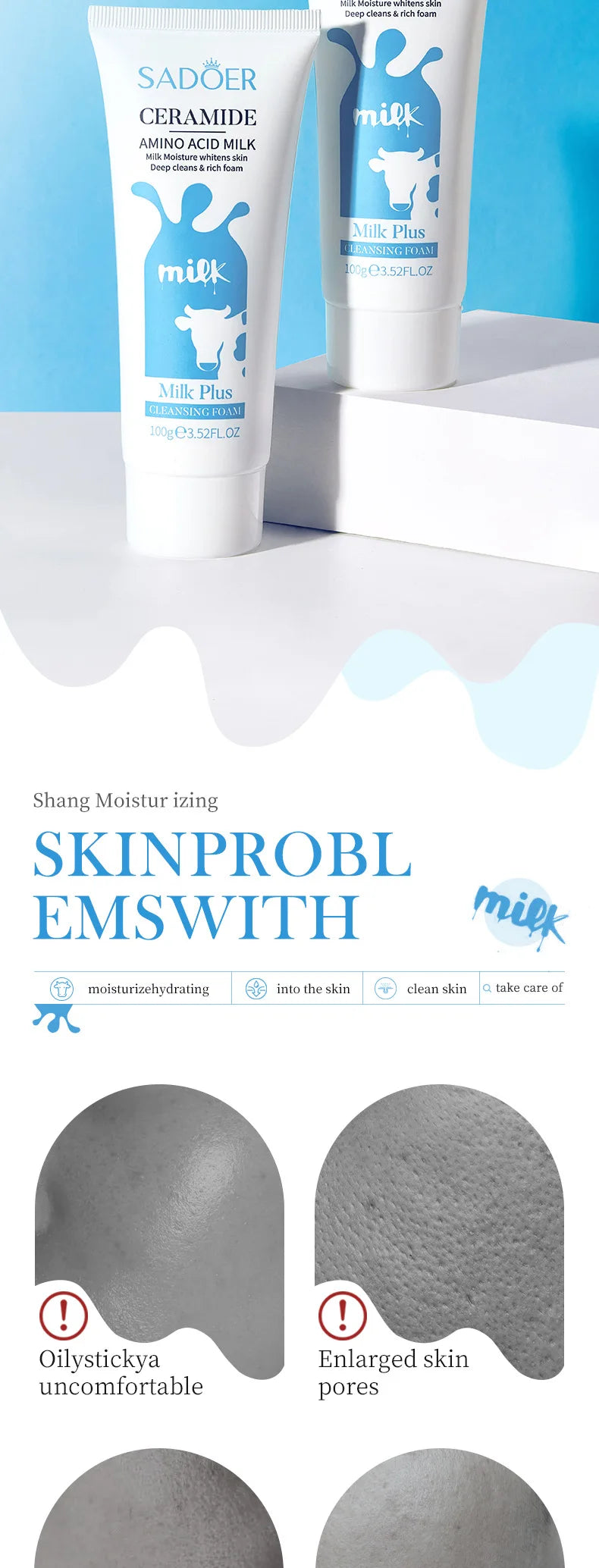 SADOER Milk Facial Cleanser Nourishing Moisturizing Skin Brightening Face Wash Foam Face Cleanser Facial Skin Care for Beauty