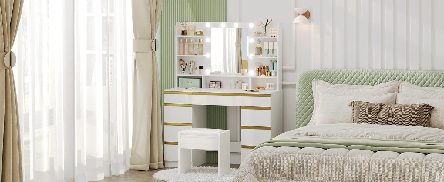 Hzuaneri Coiffeuse avec 10 boules lumineuses LED, luminosité réglable, grand miroir HD, 1 grand tiroir et 8 petits armoires à tiroirs