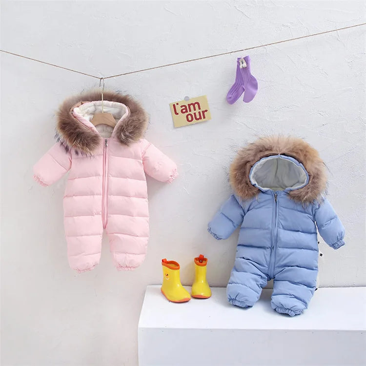 Lawadka 0-12M Winter Newborn Rompers Down Cotton Baby Girls Boys Romper Solid Infant Hooded Jumpsuit Snow Warm Thick Clothes