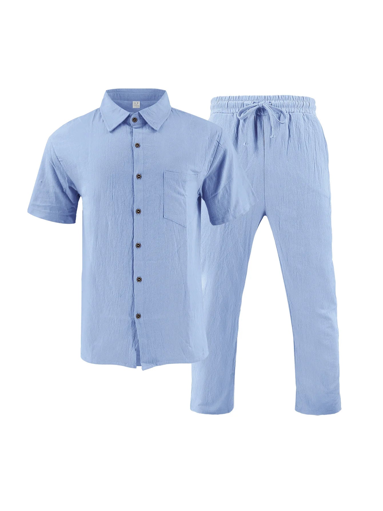 American Summer Men's Linen Casual Set Short-Sleeved Shirt And Long Pants 2-Piece Comfortable Loose Fit for Men