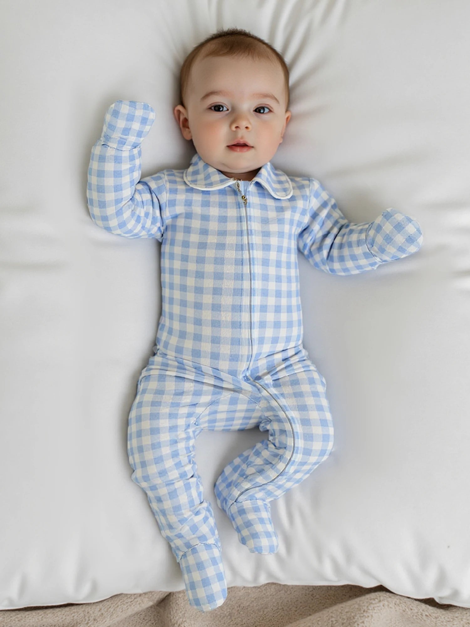 Pudcoco Infant Newborn Baby Fall Romper Plaid Print Doll Collar Long Sleeve Zip Up Footed Jumpsuit 0-6M