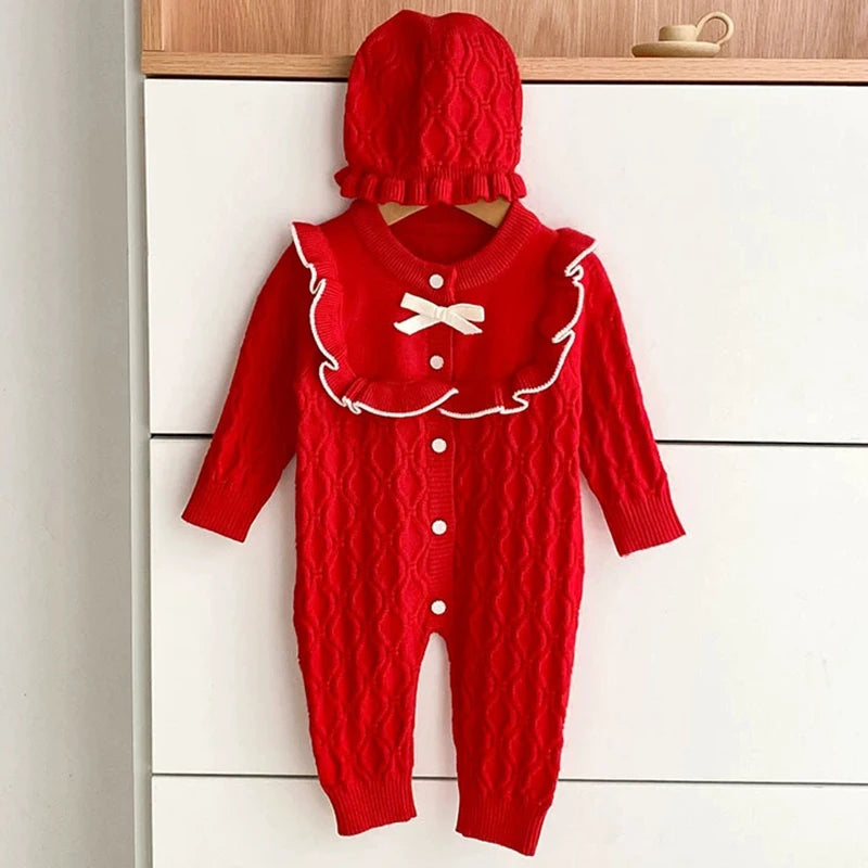 Christmas Baby Rompers Clothes Hat Autumn Winter Knitted Bow Newborn Girls Jumpsuits Fashion Solid Plain Toddler Kids Rompers