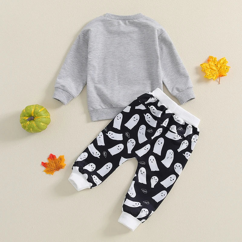 Baby Boys Halloween Tracksuit Outfits Long Sleeve Ghost Embroidery Sweatshirt + Trousers Set Toddler Fall Clothes