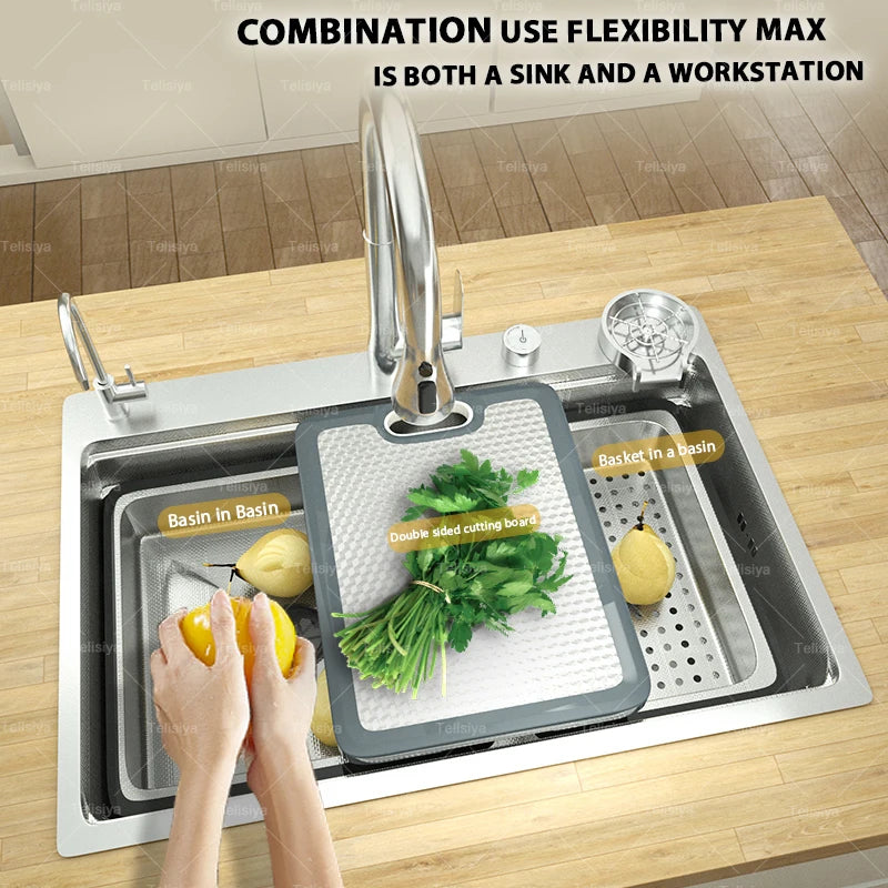 304 Stainless Steel Kitchen Sink Silver Large Single Slot Undermount Multifunction Sinks Dishwashing Basin