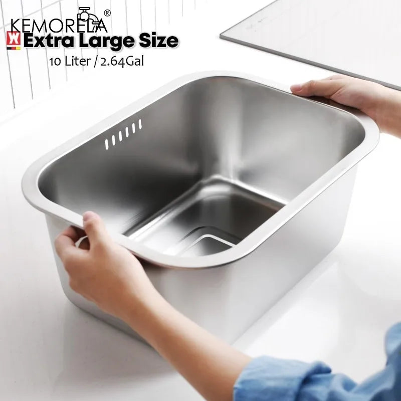 Portable Washing-up Bowl 10L Large Stainless Steel Dishpan, Multipurpose Kitchen Sink Bowl Dish Tub Vegetable Washing Basin