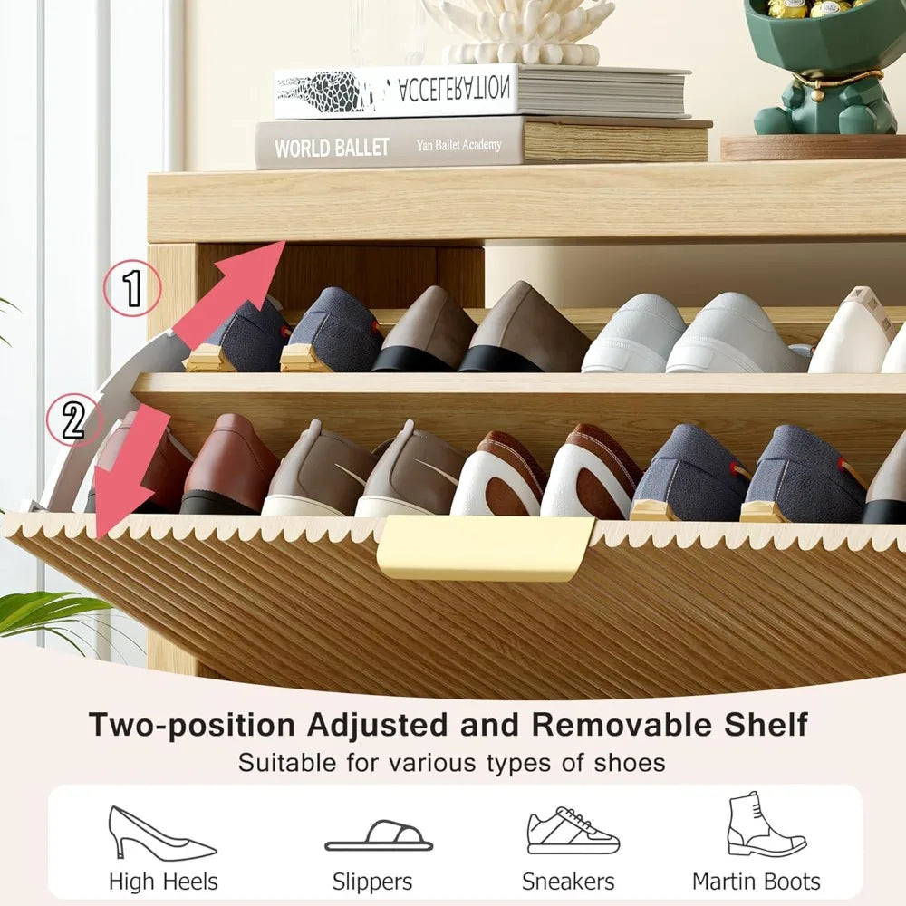 " Armoire à chaussures moderne à 2 niveaux – Conception autoportante à tiroirs rabattables, organisateur en bois de grande capacité pour l'entrée"