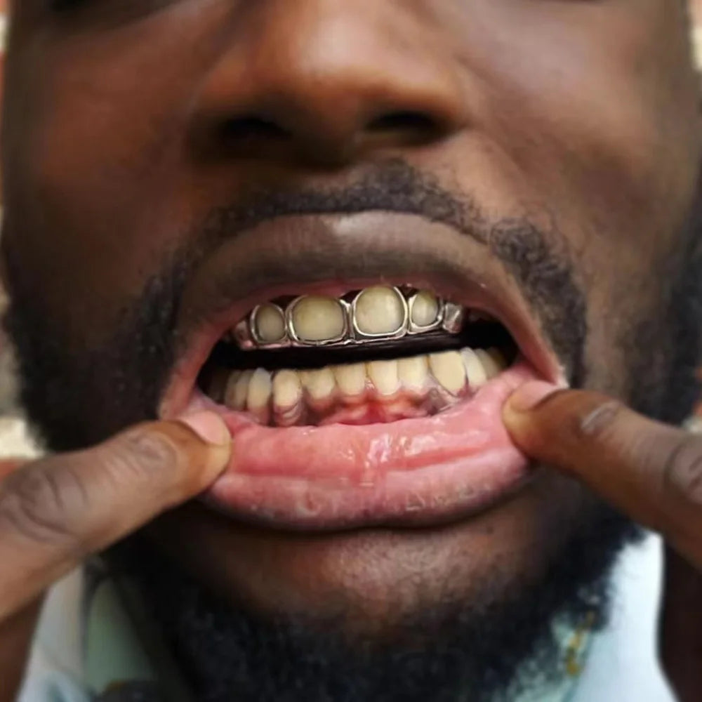 RACHELZ Hip Hop Gold Plated Teeth Grillz Fashion Top Bottom Hollow Tooth Cap Dental Grills For Men Women Jewelry Party Gift