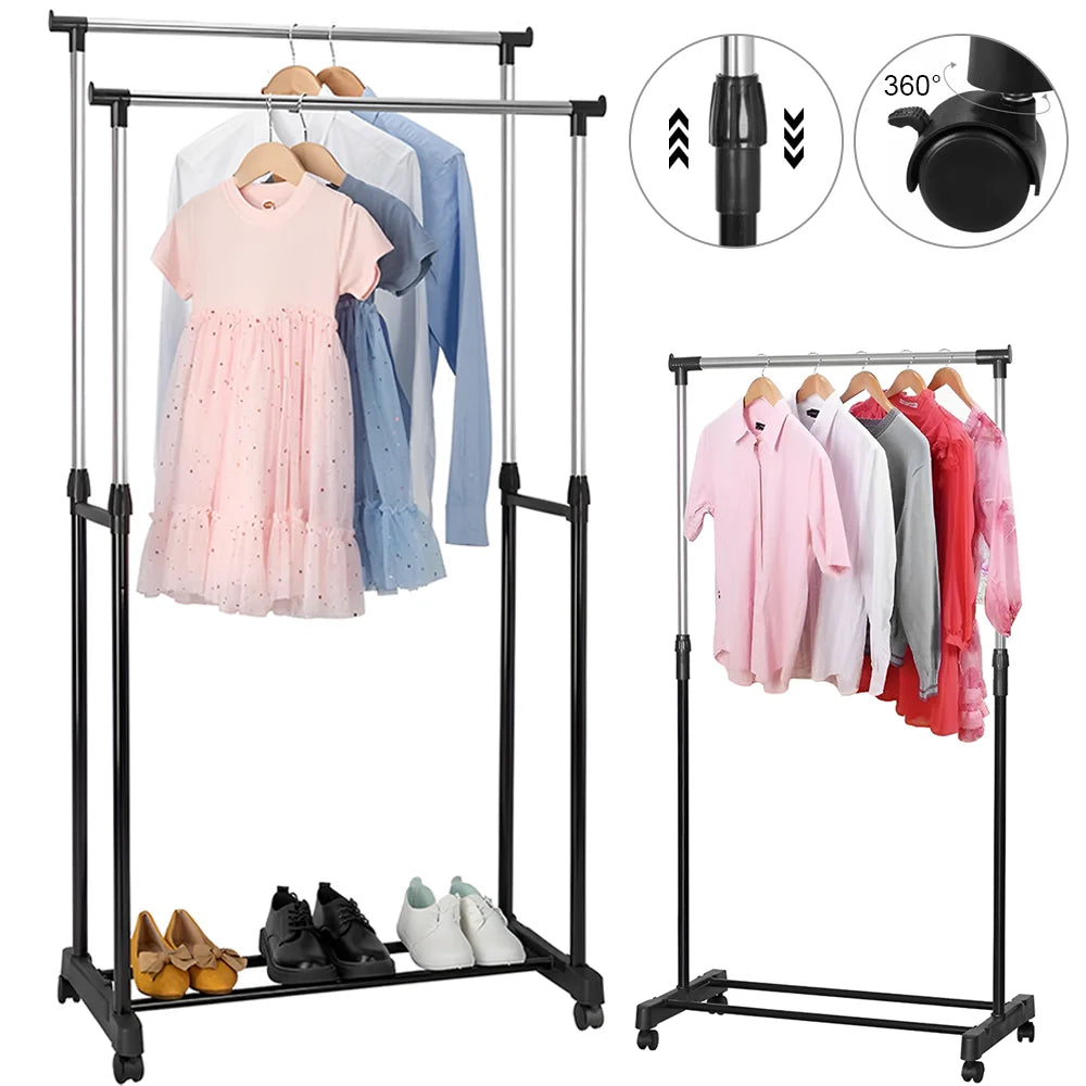 75X42X150cm Clothes Rack Wheeled Clothes drying rack Height adjustable Storage Rack Movable Coat Rack Floor Clothes Hangers
