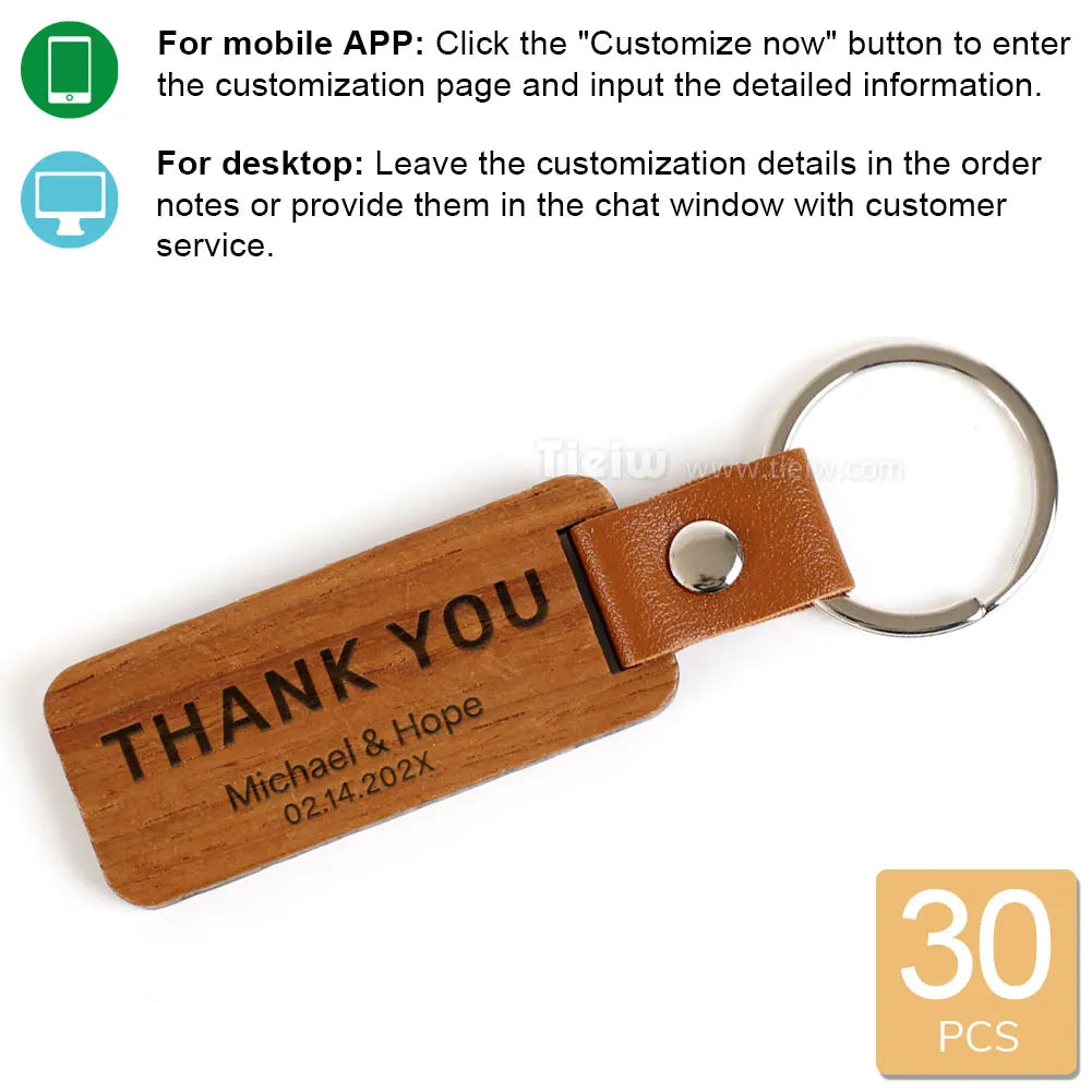 30PCS Custom Wooden Keychain Personalized Wedding Favor Rustic Wood Key Ring Engraved Name Thank You Bridal Party For Guest Gift