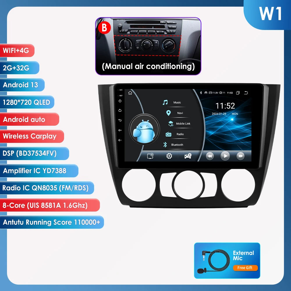 Hizpo 9inch 2Din Android13 Car Radio for BMW 1 Series E81 E82 E87 E88 AT MT Navigation GPS RDS DSP Android Auto CarPlay 360° CAM