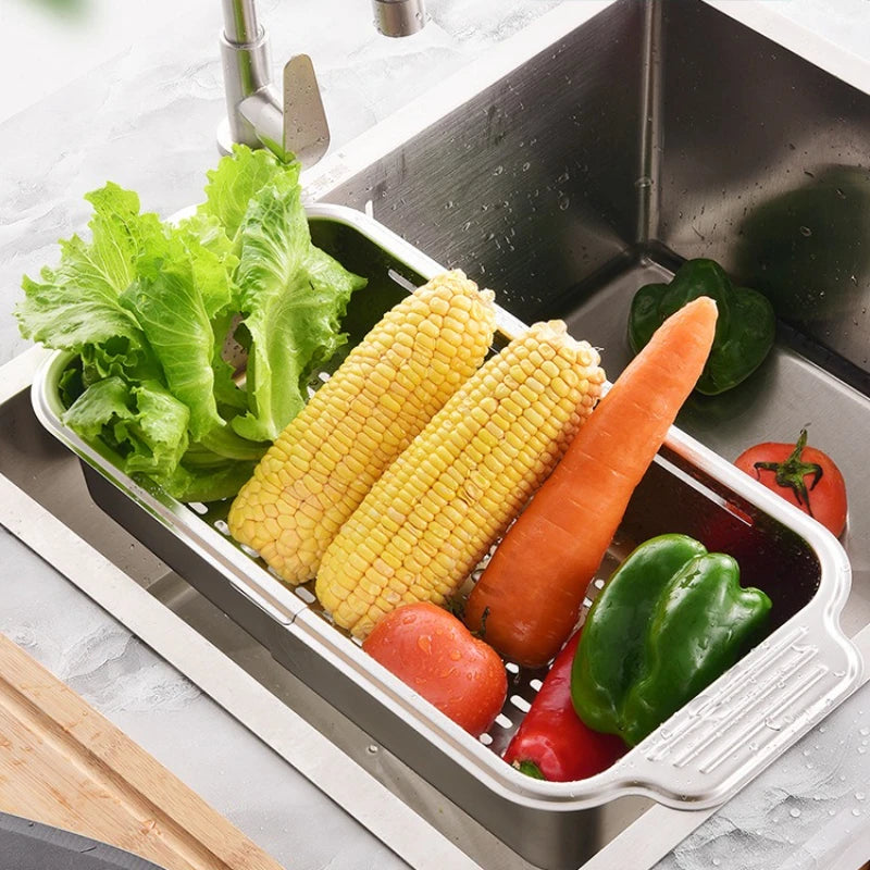 304 Stainless Steel Sink Rack - Extendable Dish Drainer for Plates, Fruits & Vegetables | Heavy-Duty Kitchen Drain Basket