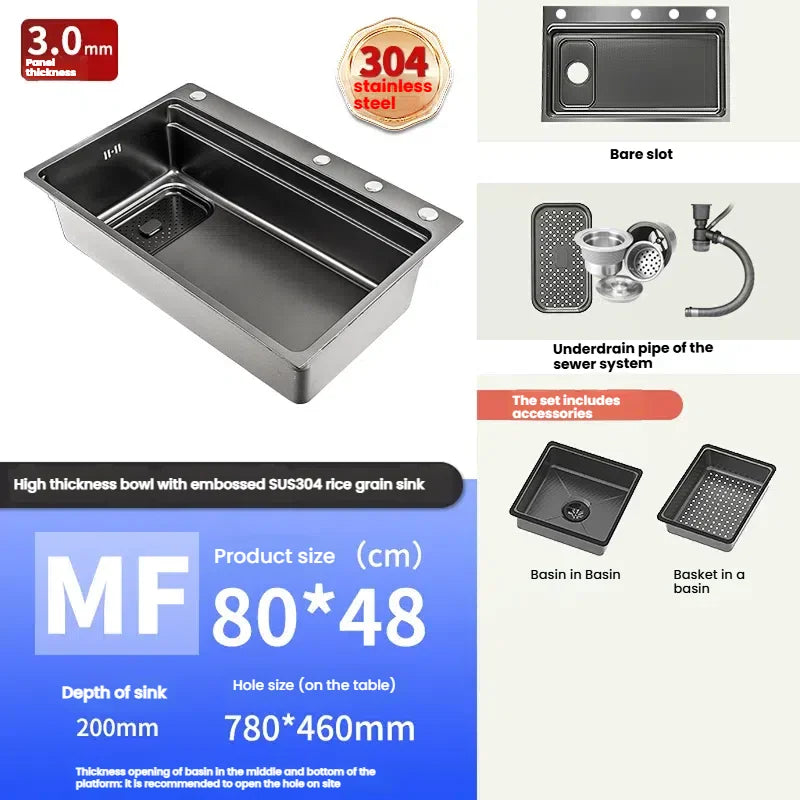 Stainless Steel Gray Kitchen Sink Multifunctional Stain and Scratch Resistant Large Single Slot Household Wash Cuisine Basin