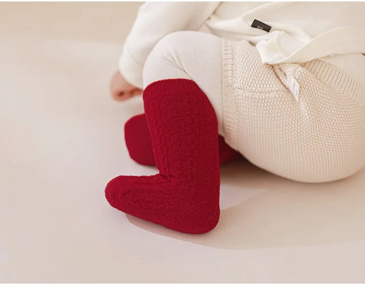 Red New Year Socks Newborn Baby Kids Soft Solid Thickened Velvet Toddler Mid Socks Girls Infant Boys Cute Boneless Socks 0-12Y