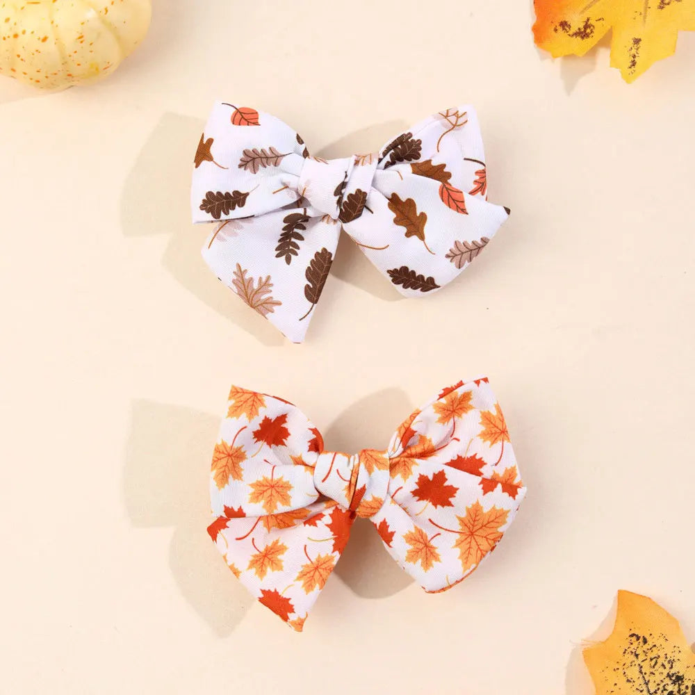 1/2PCS Thanksgiving Maple leaf Hair Clips Girls Grosgrain Ribbon Pumpkin Print Hairpins Headdress Kids Hair Accessories