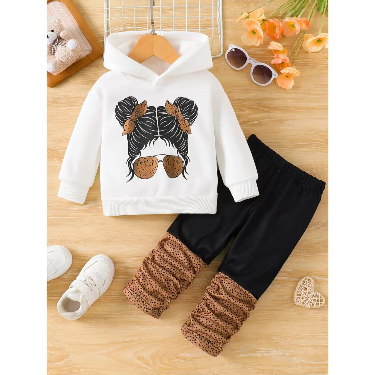 Spring Autumn Baby Girl Cartoon Headprint Fleece Hoodie And Pleated Pants Matching Two-Piece Set Cute Infant Clothing