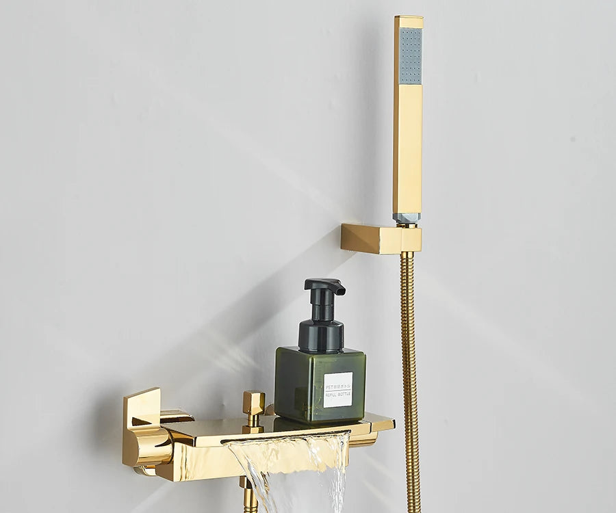 حنفيات دش حوض الاستحمام ذات الشلال الأسود، حنفية خلاط دش مثبتة على الحائط، حنفية دش حمام ساخن وبارد، BaRobinet Baignoire