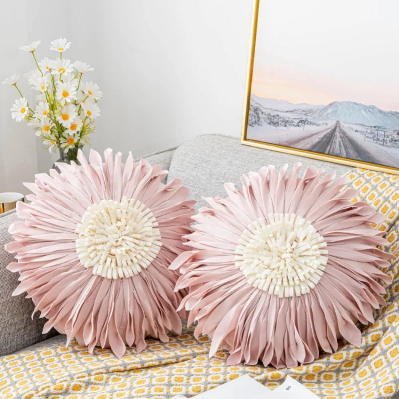 Modern Style Yellow White Throw Pillows Round  45*45 Velvet Stitching 3D Chrysanthemum Cushion Cover Waist Blue Cute Pillowcase