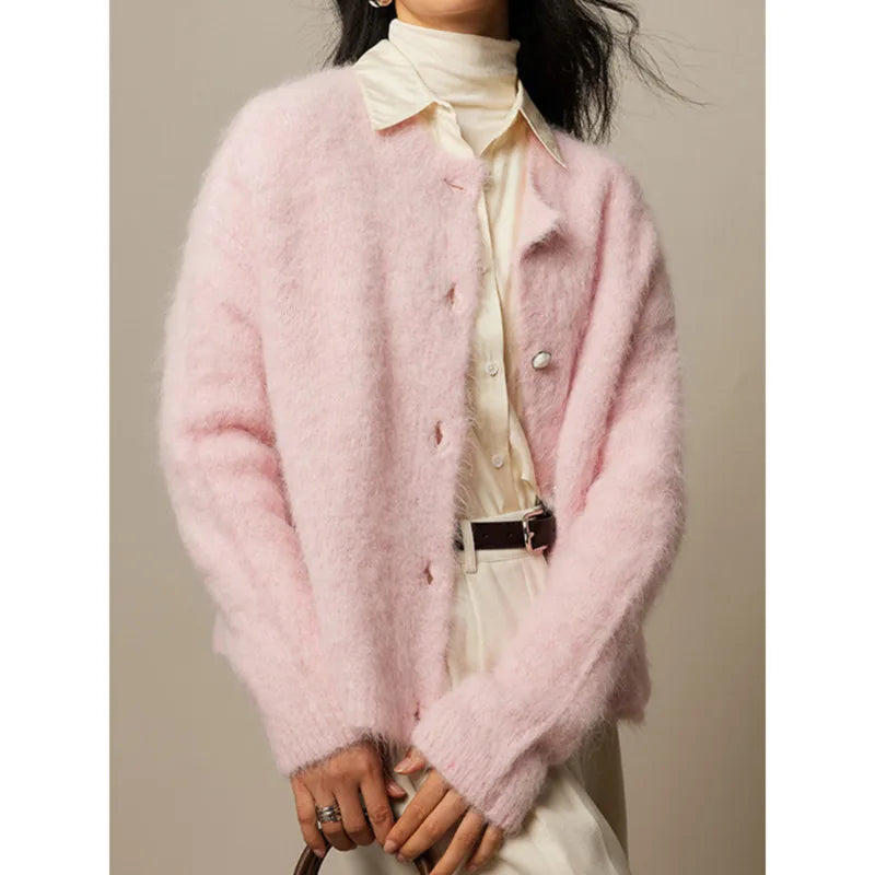 Winter Alpaca Wool Knitted Cardigan Women Soft Round Neck Single Breasted Loose Button Sweater Coat