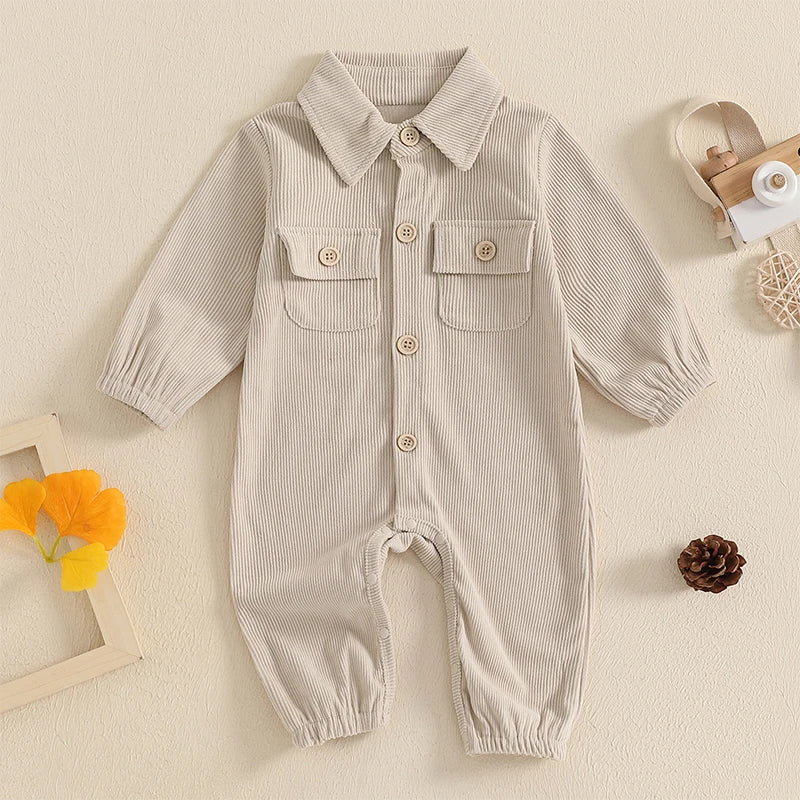 Pudcoco Baby Autumn Casual Corduroy Jumpsuit Long Sleeve Lapel Solid Color Button Up Romper